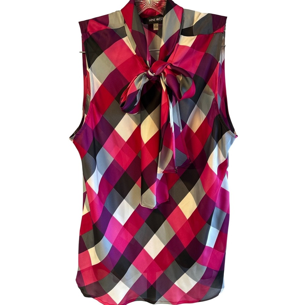 Nine West Pink Plaid Bow Sleeveless Blouse XL Geometric Tie Neck‎ Top